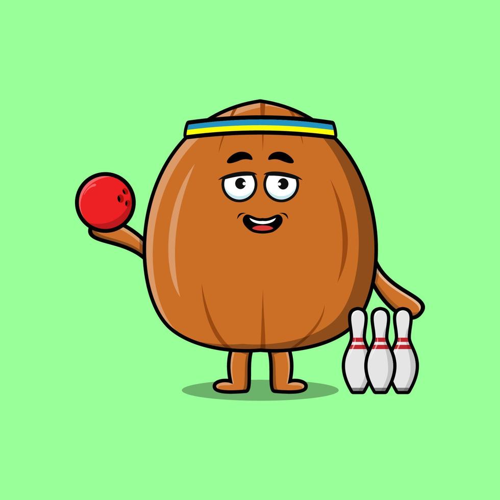 Cute cartoon Almond nut character playing bowling vector