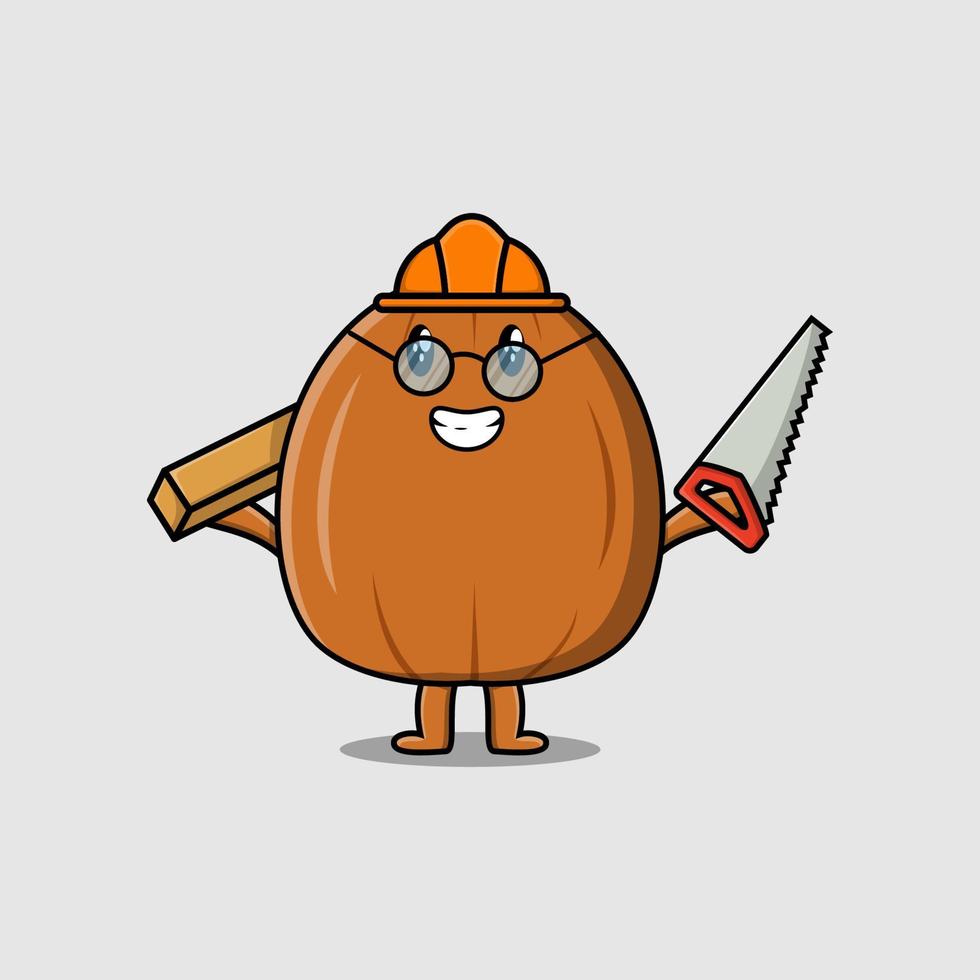 cartoon Almond nut carpenter with saw and wood vector