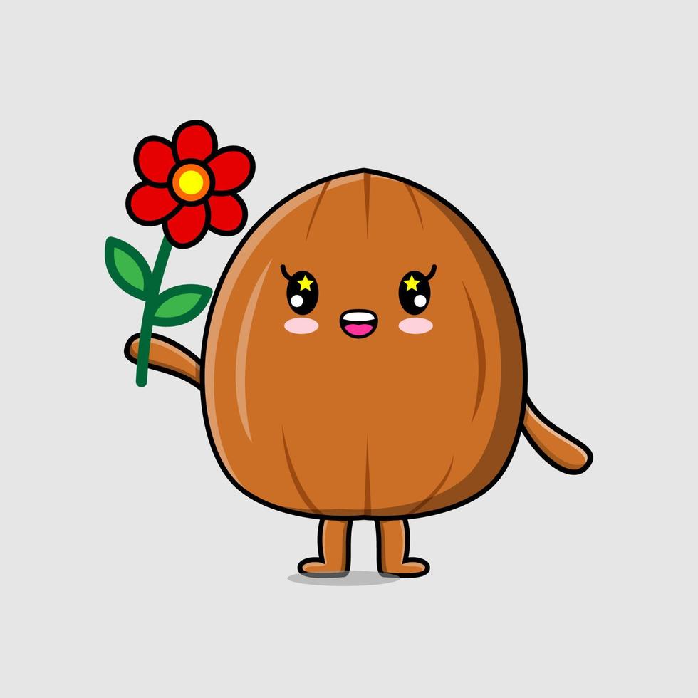 personaje de nuez de almendra de dibujos animados lindo sostén flor roja vector