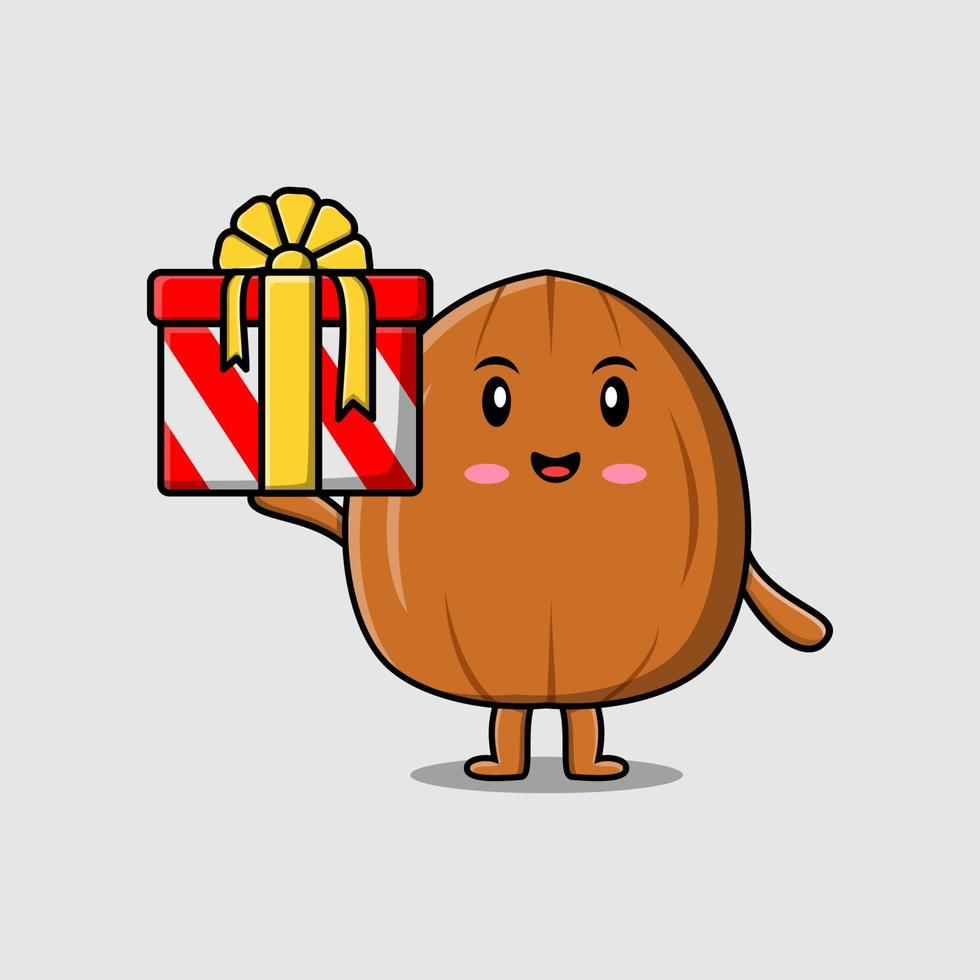 Cute cartoon Almond nut out from big gift box vector