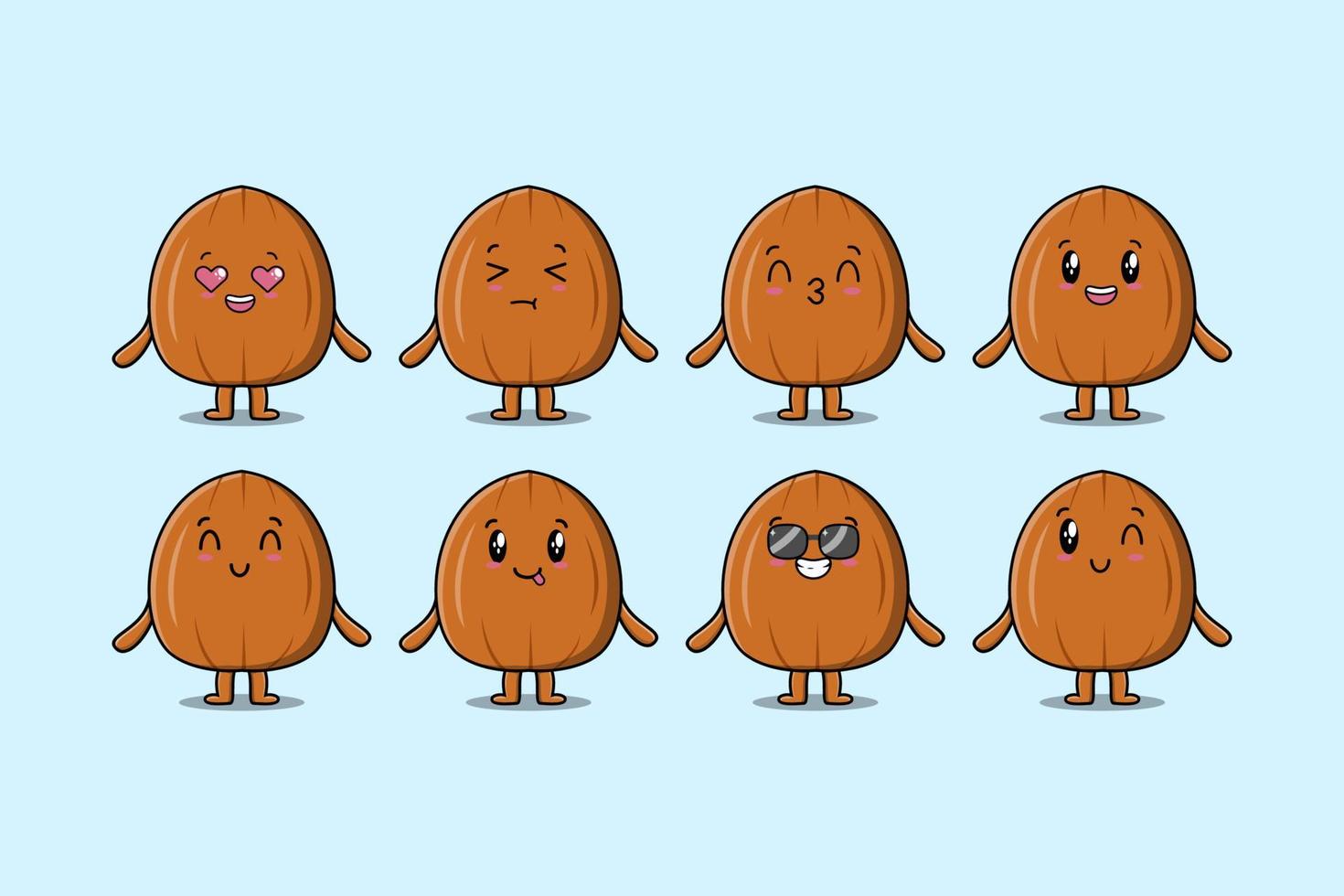 Establecer la expresión del personaje de dibujos animados de nuez de almendras kawaii vector