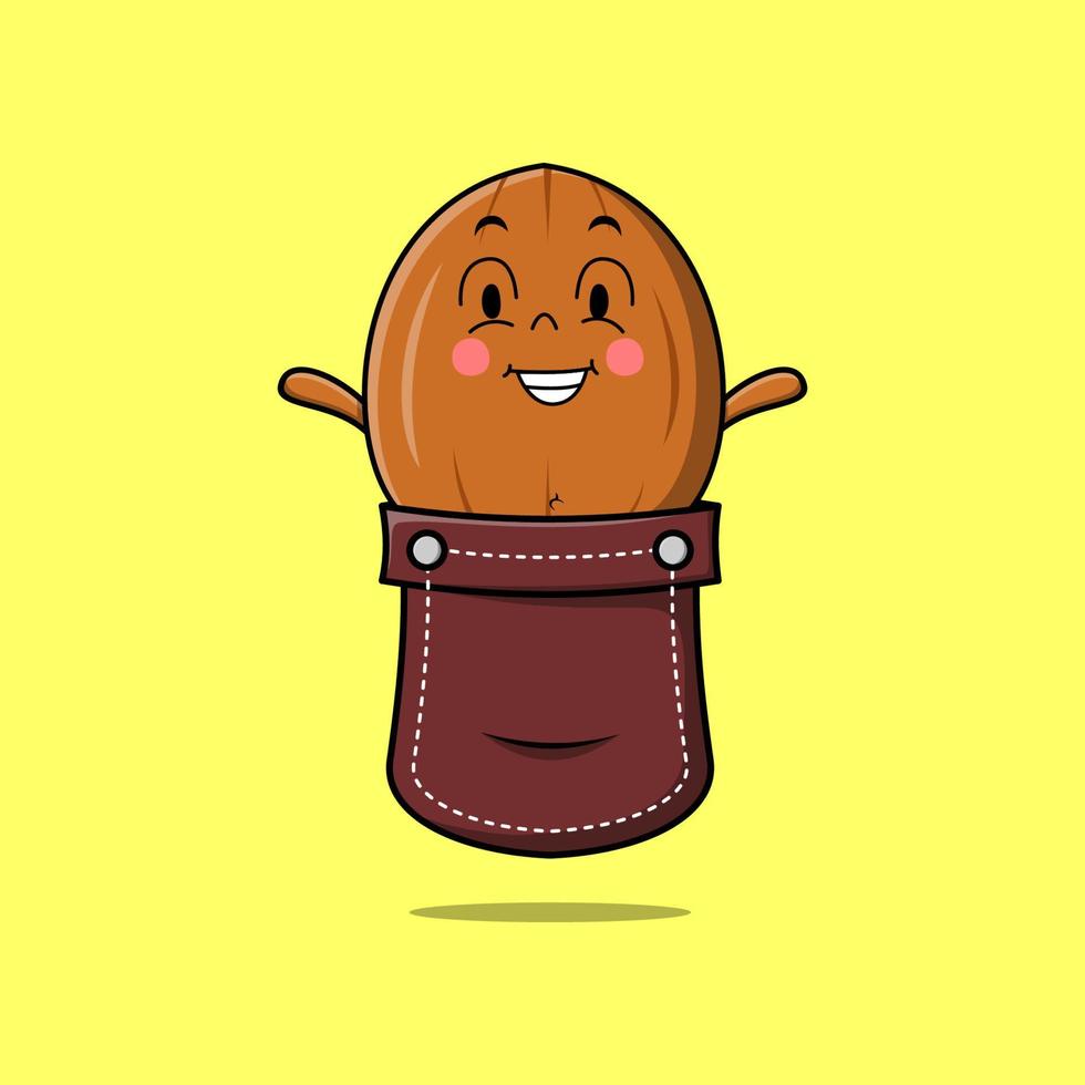 Cute cartoon Almond nut coming out from pocket vector