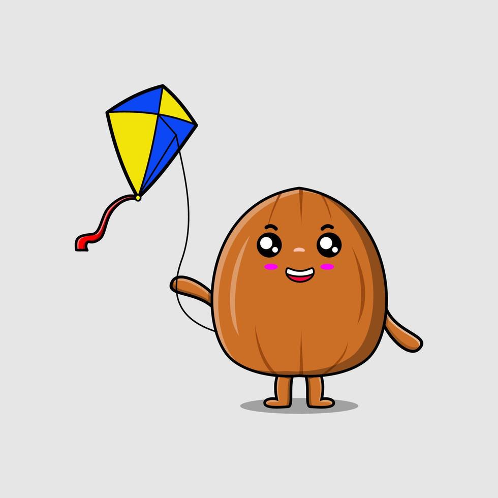 Cute cartoon Almond nut playing kite flaying vector