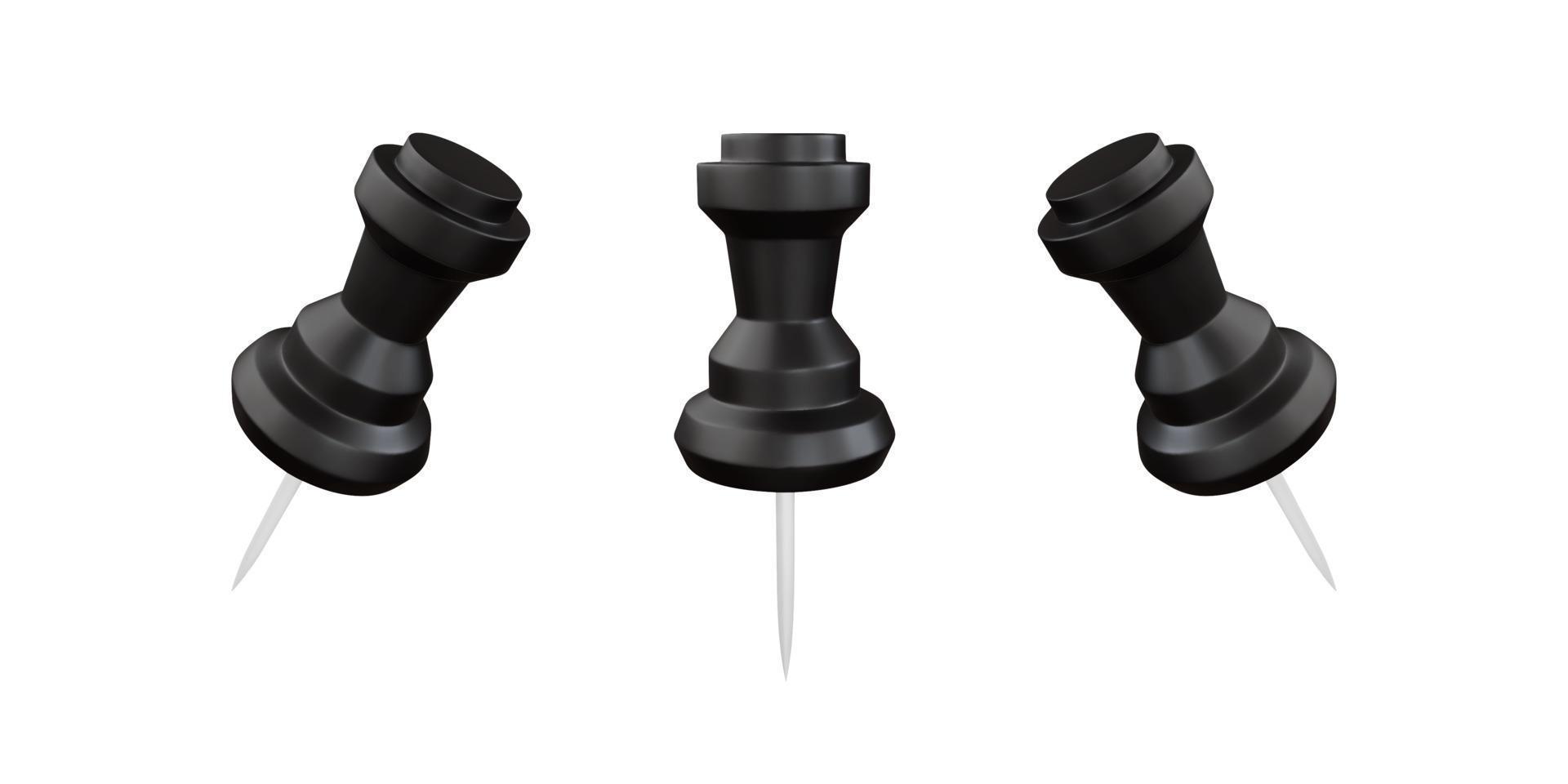 Realistic 3d black push pin vector illustration