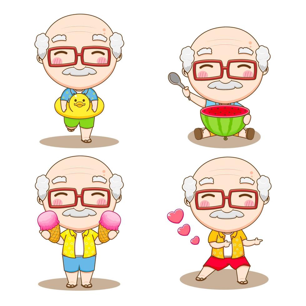cartoon illustration of cute grandpa with summer activities vector