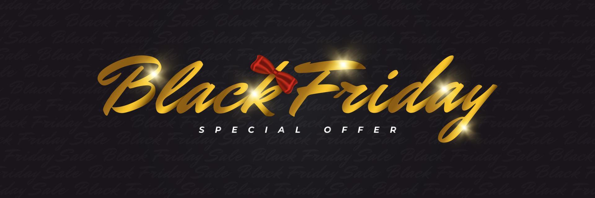 Luxury Black Friday Sale Banner or Poster with Realistic Gold Text and Red Ribbon. Advertising and Promotion Banner Template Design for Black Friday Campaign vector