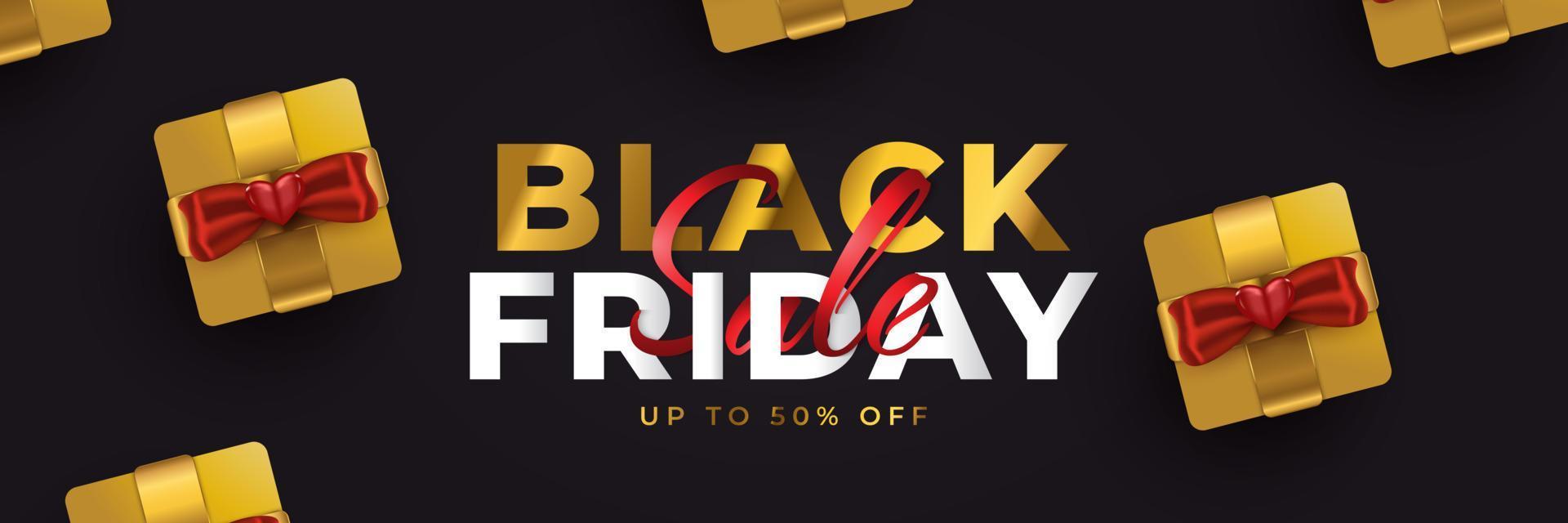Black Friday Sale Banner with Realistic Gold Gift Boxes on Black Background. Advertising and Promotion Banner Design for Black Friday Campaign vector