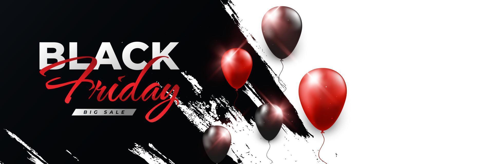 Black Friday Sale Banner or Poster with Black and Red Helium Balloons on Brush Background. Advertising and Promotion Banner Design for Black Friday Campaign. Shopping Website Header Template vector