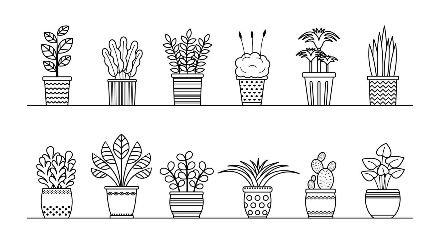 Vector linear plants in pots collection. Isolated outline potted home flowers set for coloring page on white