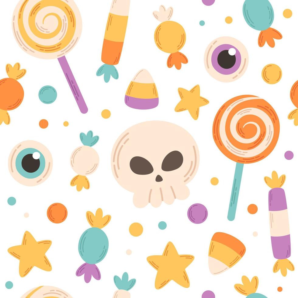 Halloween sweets and candies seamless pattern. Happy Halloween elements. Trick or treat. Flat, hand drawn texture for wallpaper, textile, fabric, paper vector