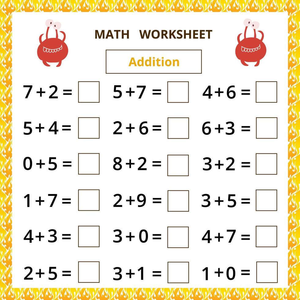 Math worksheet.Addition.Educational game for kids. vector