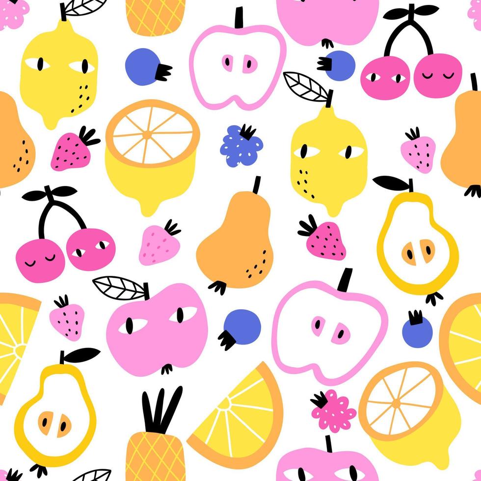 pattern with fruits, pears, apples, cherries, lemons. children's design of fabric, paper, etc. vector illustration.