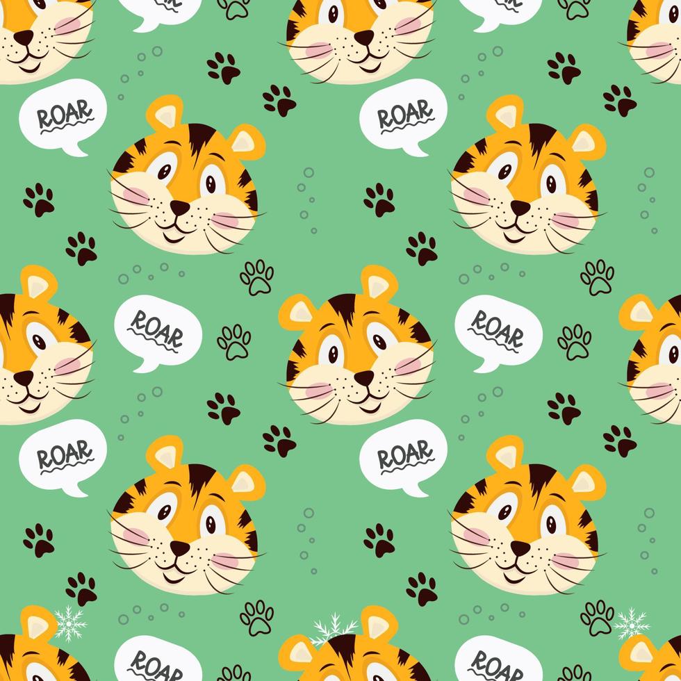 Seamless pattern with a cute tiger, a tiger cub's muzzle, a symbol of the new year 2022 on a green background. Vector illustration for postcards, banners, internet, decor, design, art, calendar.