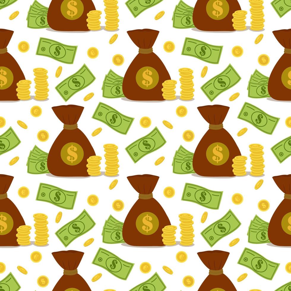 Vector seamless pattern with a bag of money. Money bag template. Making money, saving, investing, web design, business advertising.Vector seamless pattern with a bag of money.