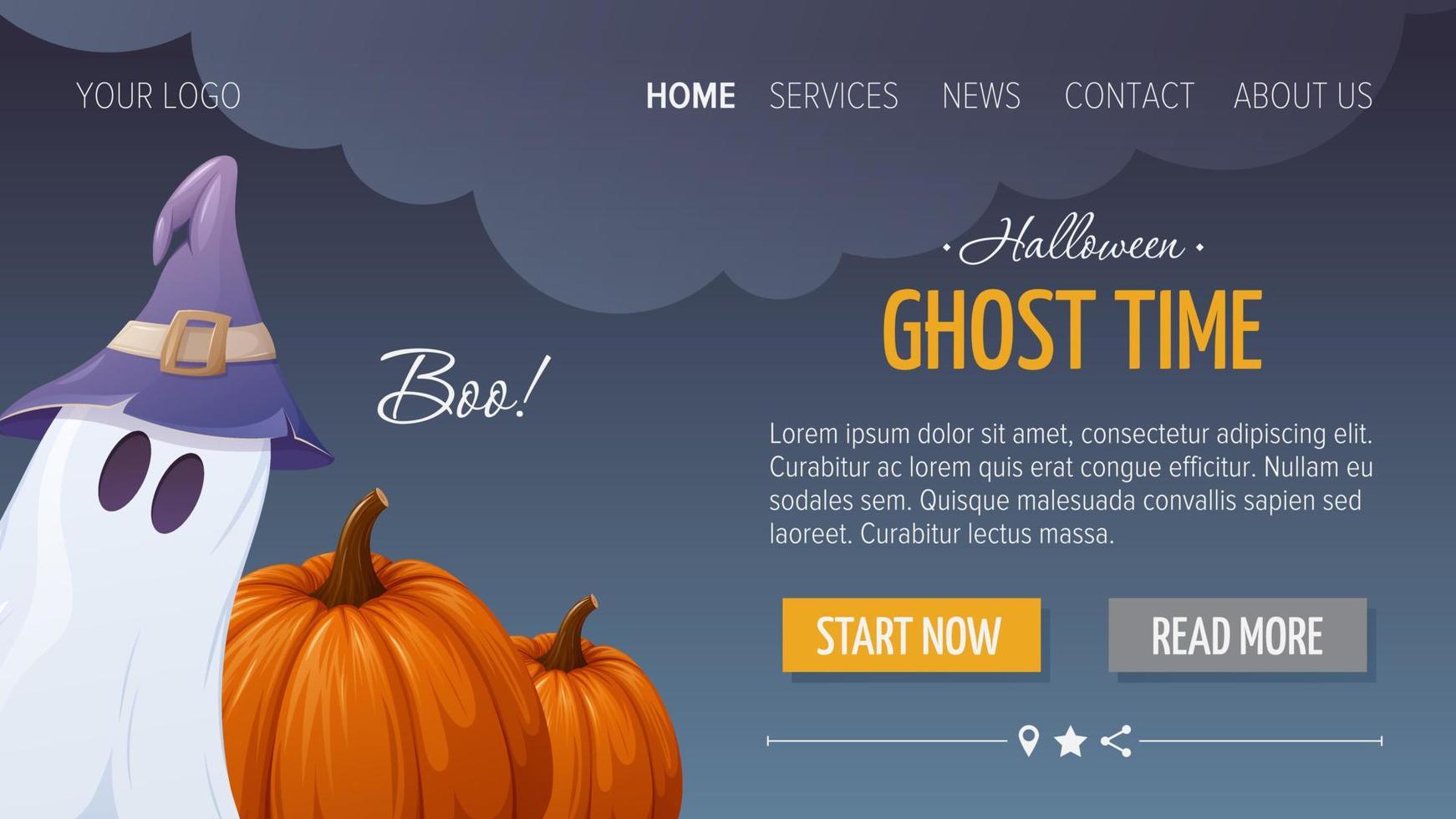 Cute ghost in a sorcery hat and pumpkins. Ghost time. Halloween horizontal template for website, dark background. Vector illustration. For banner, store, sale