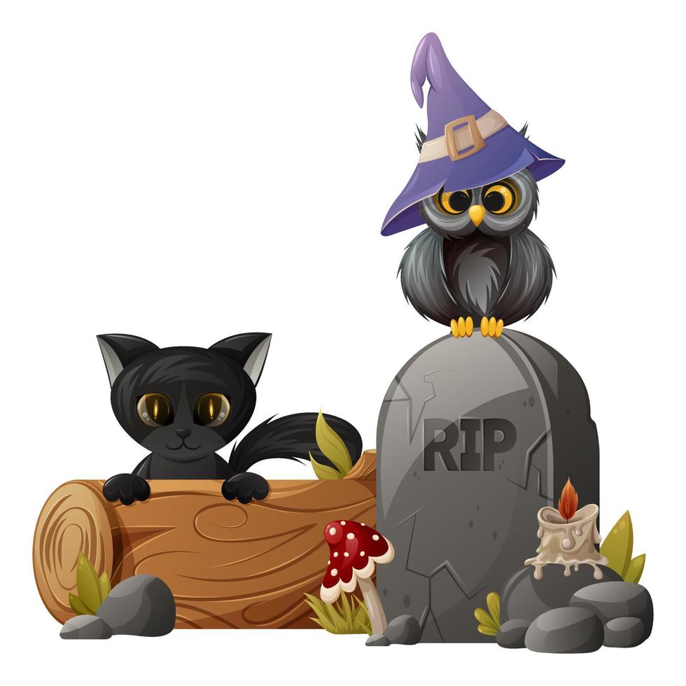 Cute halloween characters. An owl in a sorcery hat and black cat. A tombstone with candle, fly agaric and log. Holiday vector illustration.