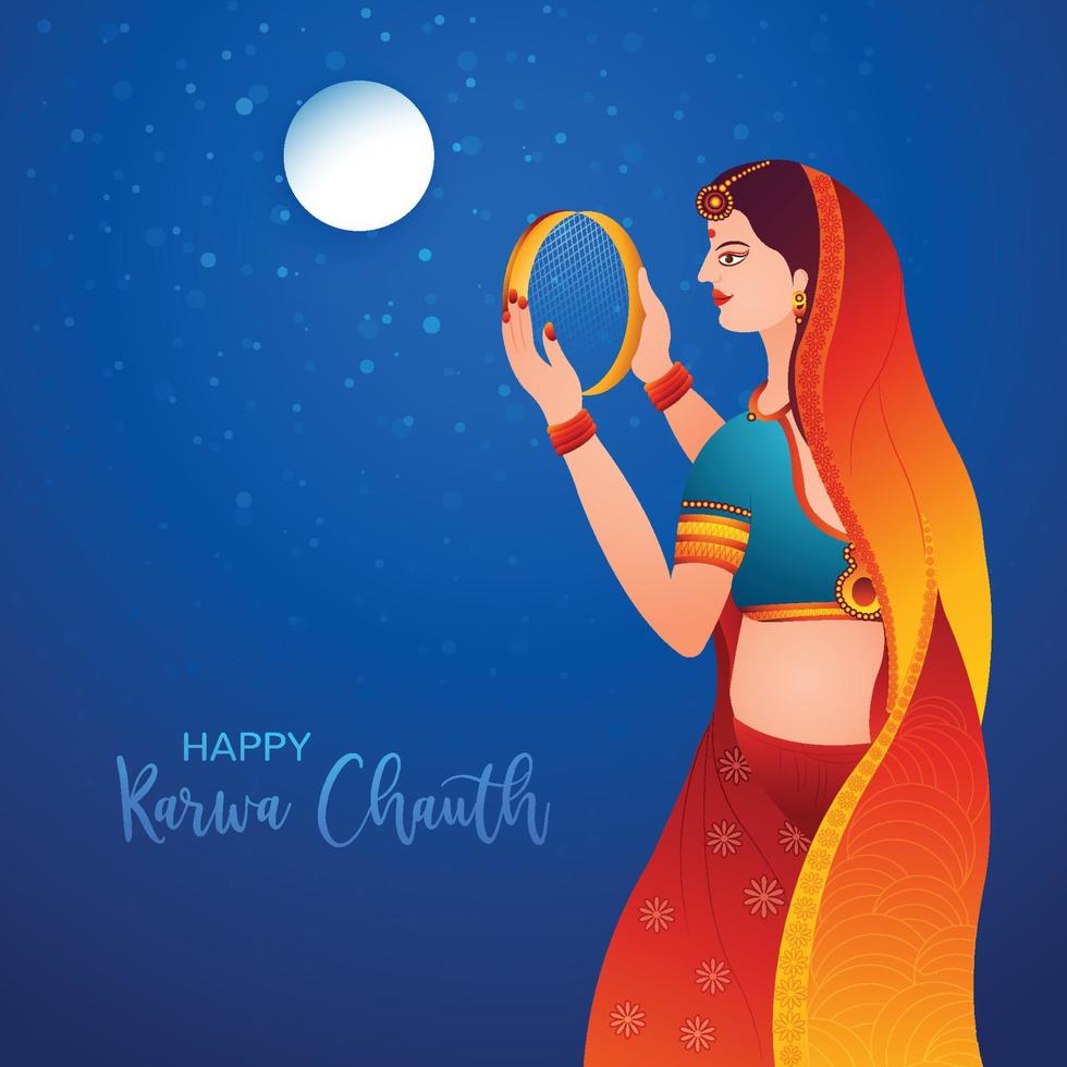 Happy karwa chauth festival card with indian copule celebration design vector