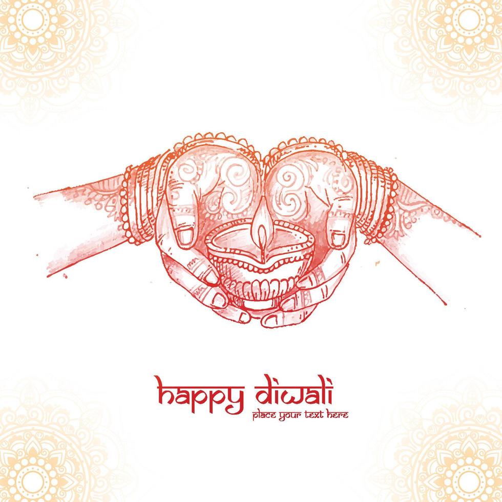 Beautiful hand holding sketch for indian oil lamp diwali card background vector