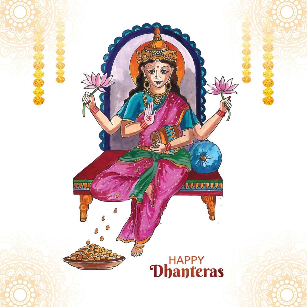 Beautiful celebration happy dhanteras on goddess maa lakshmi card background vector