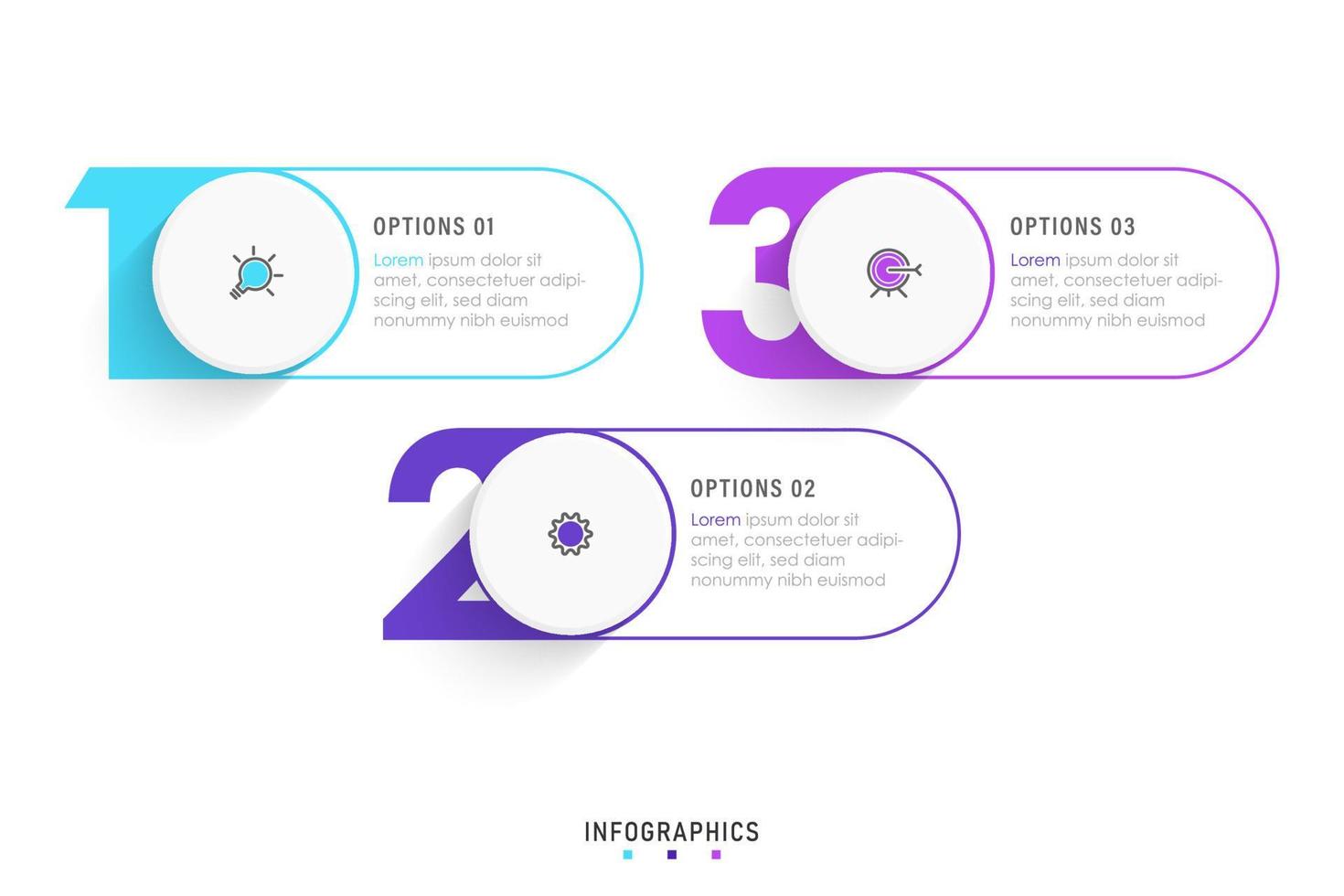 plantilla de diseño de etiquetas infográficas vectoriales con iconos y 3 opciones o pasos. se puede utilizar para diagramas de proceso, presentaciones, diseño de flujo de trabajo, banner, diagrama de flujo, gráfico de información. vector