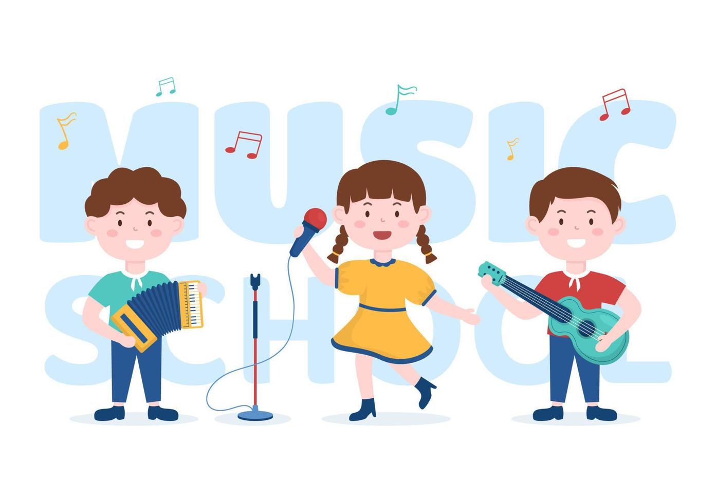 Music School Template In Hand Drawn Cartoon Flat Illustration Playing Various Musical Instruments, Learning Education Musicians and Singers vector
