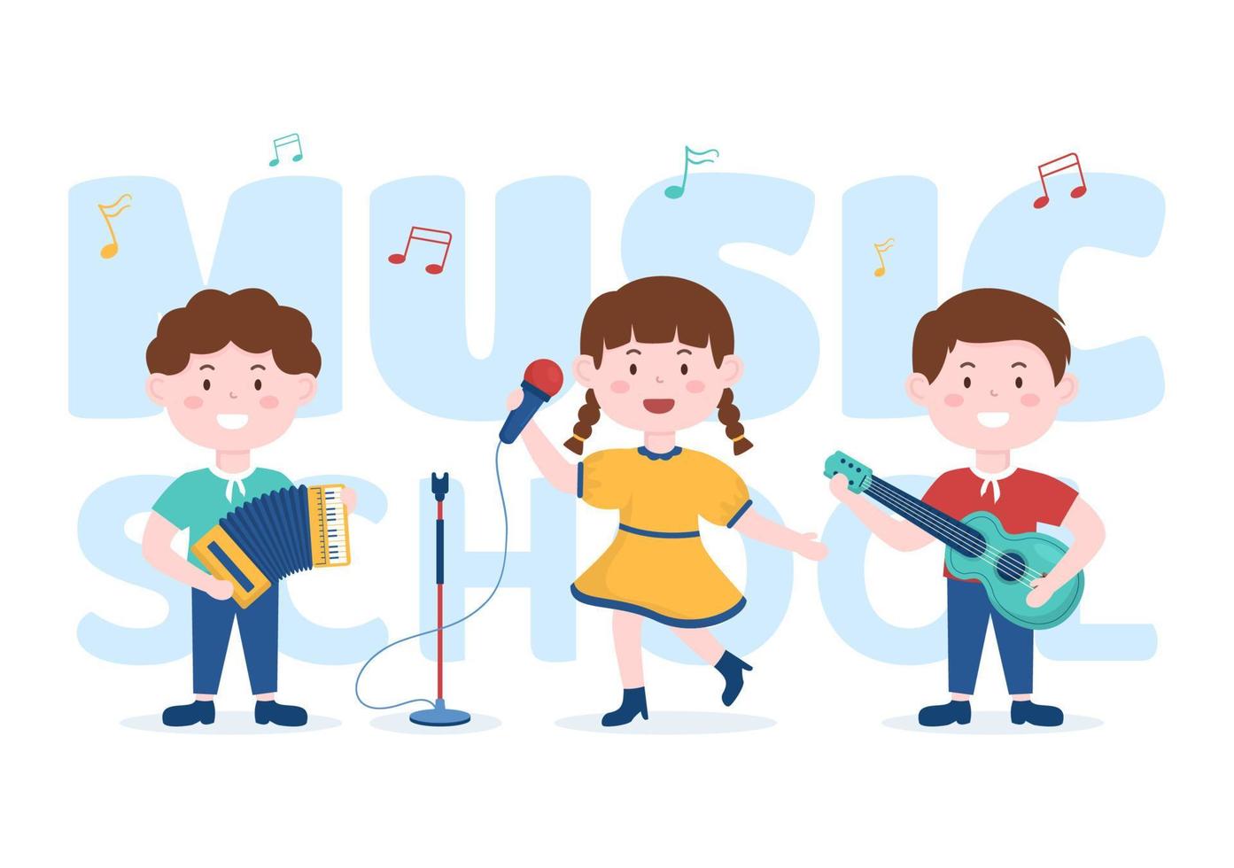 plantilla de escuela de música en ilustración plana de dibujos animados dibujados a mano tocando varios instrumentos musicales, aprendiendo músicos y cantantes de educación vector