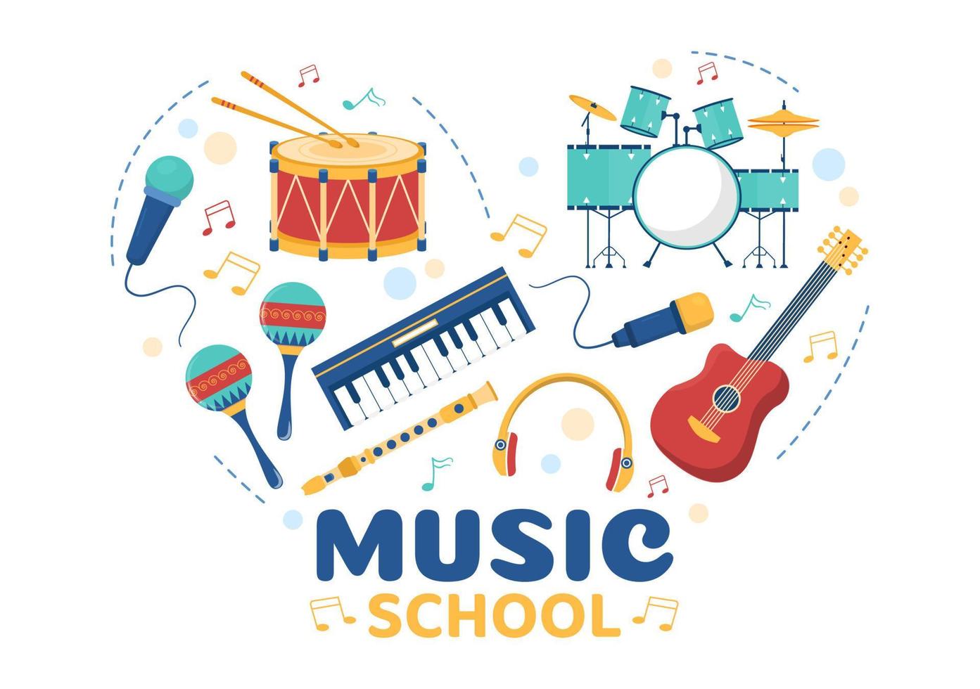 plantilla de escuela de música en ilustración plana de dibujos animados dibujados a mano tocando varios instrumentos musicales, aprendiendo músicos y cantantes de educación vector