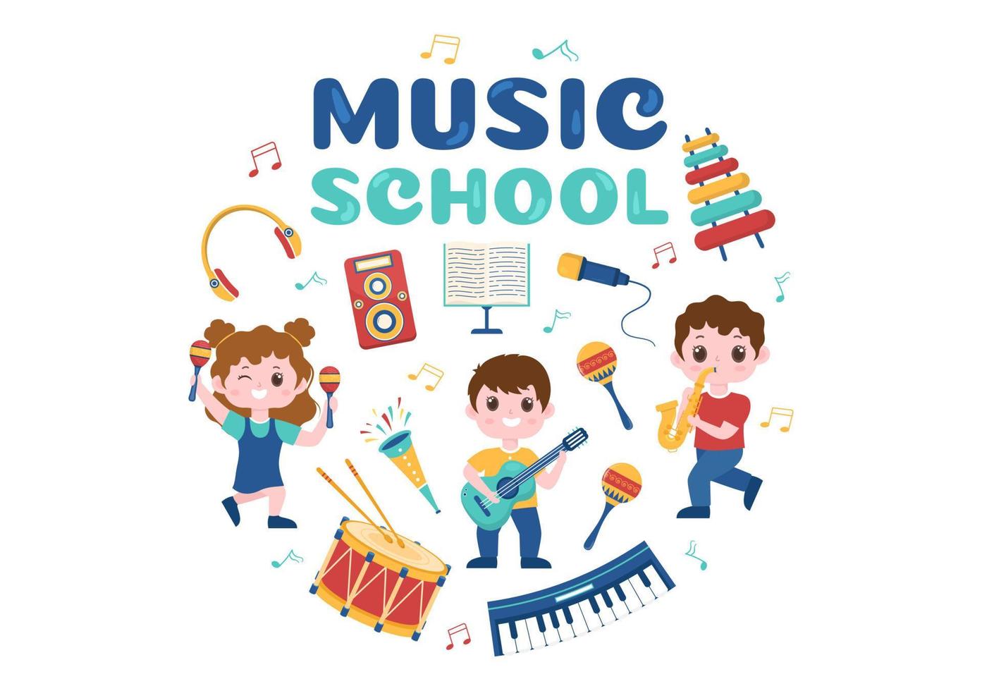 Music School Template In Hand Drawn Cartoon Flat Illustration Playing Various Musical Instruments, Learning Education Musicians and Singers vector