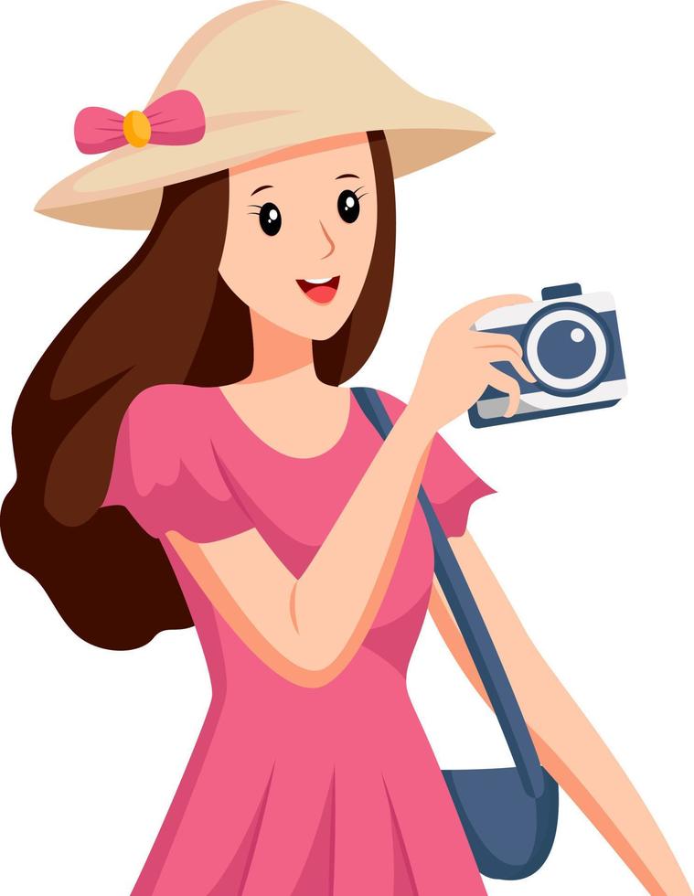 Woman with Pink Dress Traveling Character Design Illustration vector