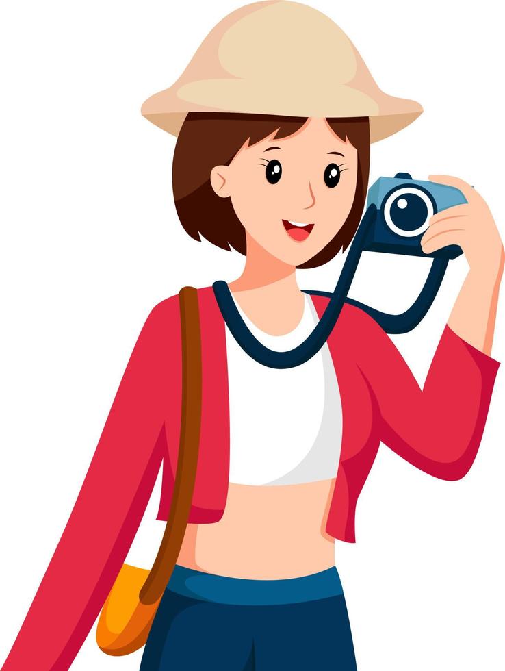 Young Girl Traveling with Camera Character Design Illustration vector