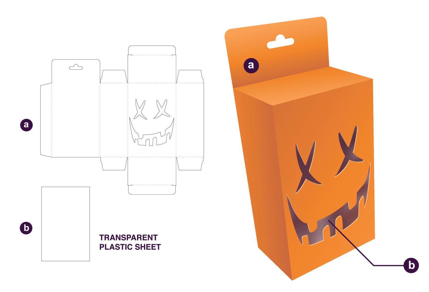Cardboard hanging box with Halloween window and transparent plastic sheet die cut template and 3D mockup vector