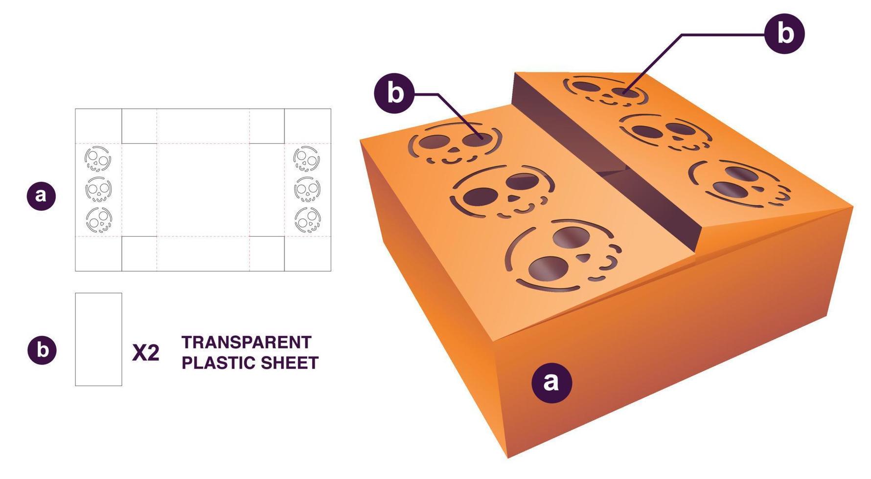 2 flaps box with Halloween pattern and transparent plastic sheet die cut template and 3D mockup vector