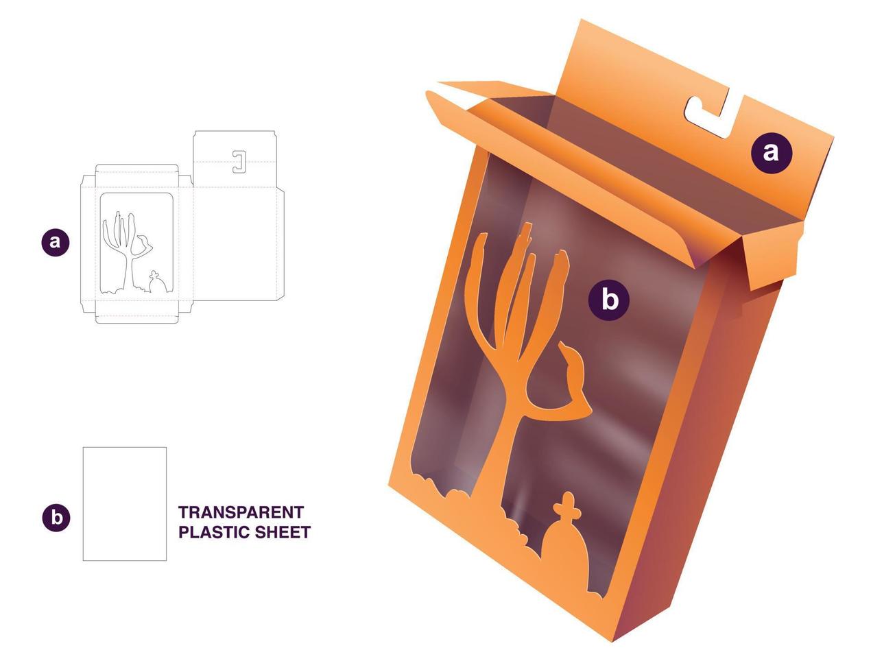 caja con ventana de halloween y plantilla troquelada con orificio para colgar y maqueta 3d vector