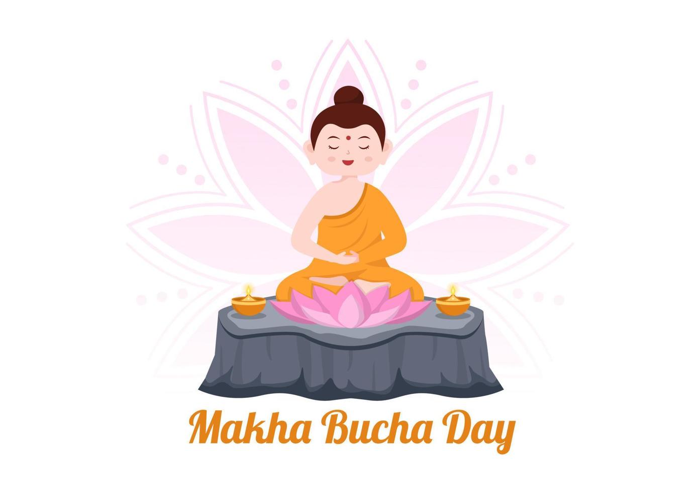 Happy Makha Bucha Day Template Hand Drawn Cartoon Flat Illustration Buddha Sitting in Lotus Flower under Bodhi Tree at Night Surrounded by Monk vector