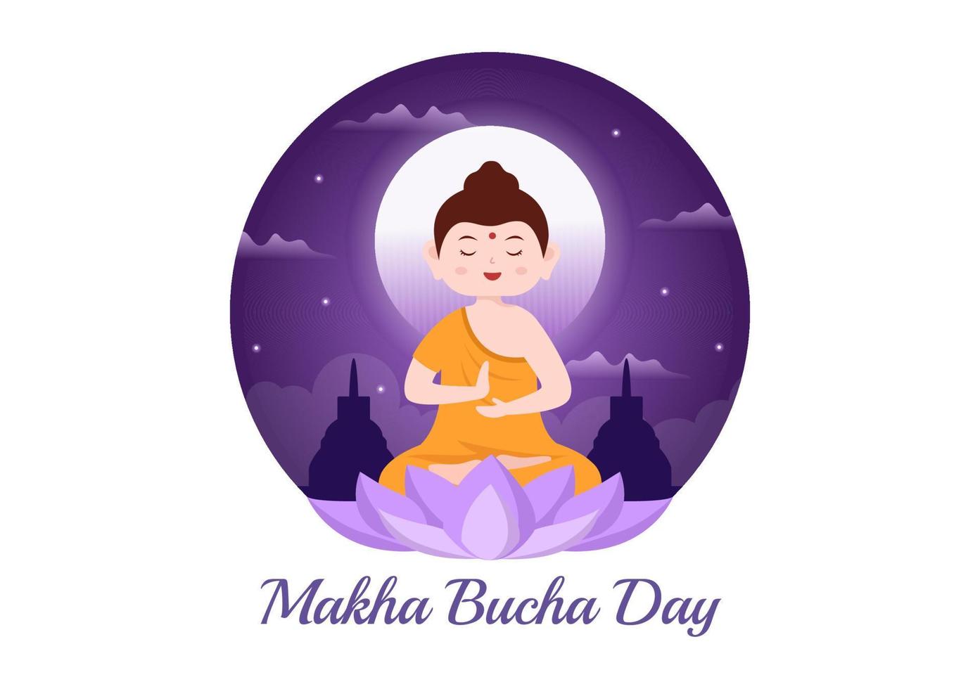 Happy Makha Bucha Day Template Hand Drawn Cartoon Flat Illustration Buddha Sitting in Lotus Flower under Bodhi Tree at Night Surrounded by Monk vector