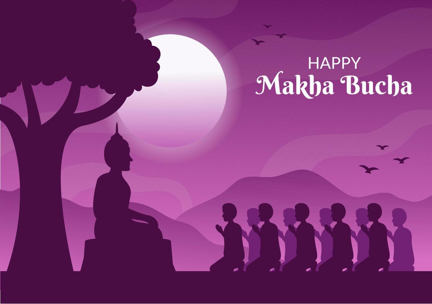 Happy Makha Bucha Day Template Hand Drawn Cartoon Flat Illustration Buddha Sitting in Lotus Flower under Bodhi Tree at Night Surrounded by Monk vector