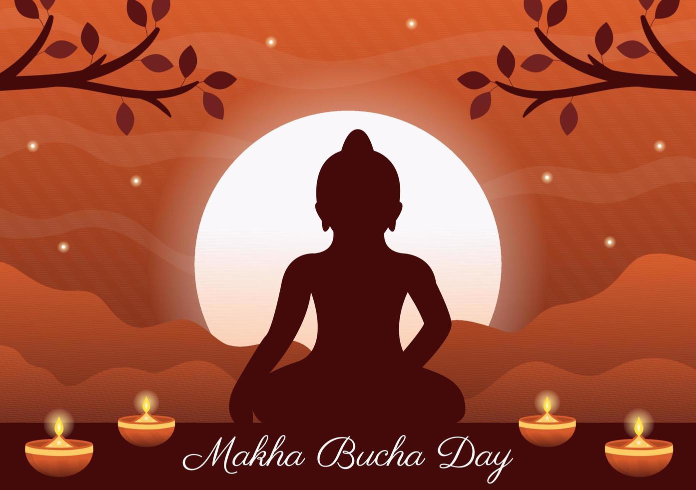 feliz makha bucha día plantilla dibujado a mano dibujos animados ilustración plana buda sentado en flor de loto bajo el árbol bodhi en la noche rodeado de monje vector