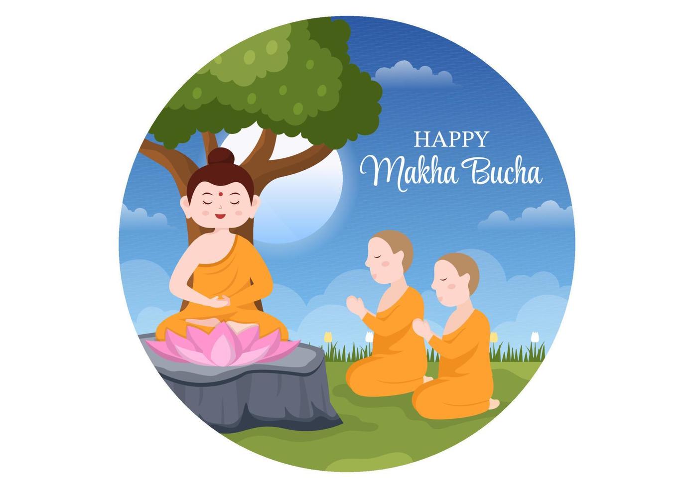 Happy Makha Bucha Day Template Hand Drawn Cartoon Flat Illustration Buddha Sitting in Lotus Flower under Bodhi Tree at Night Surrounded by Monk vector