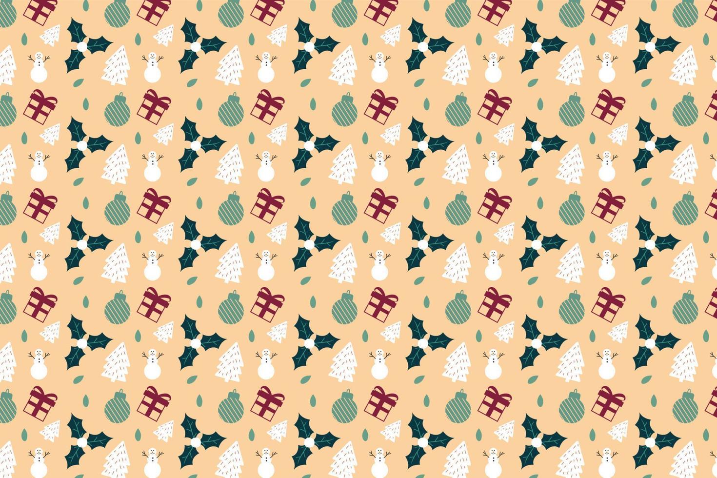Abstract Xmas pattern decoration on a light yellow color background. Minimal Christmas pattern vector with snowman, pine tree, and gift icons. Christmas pattern design for backgrounds and book covers.