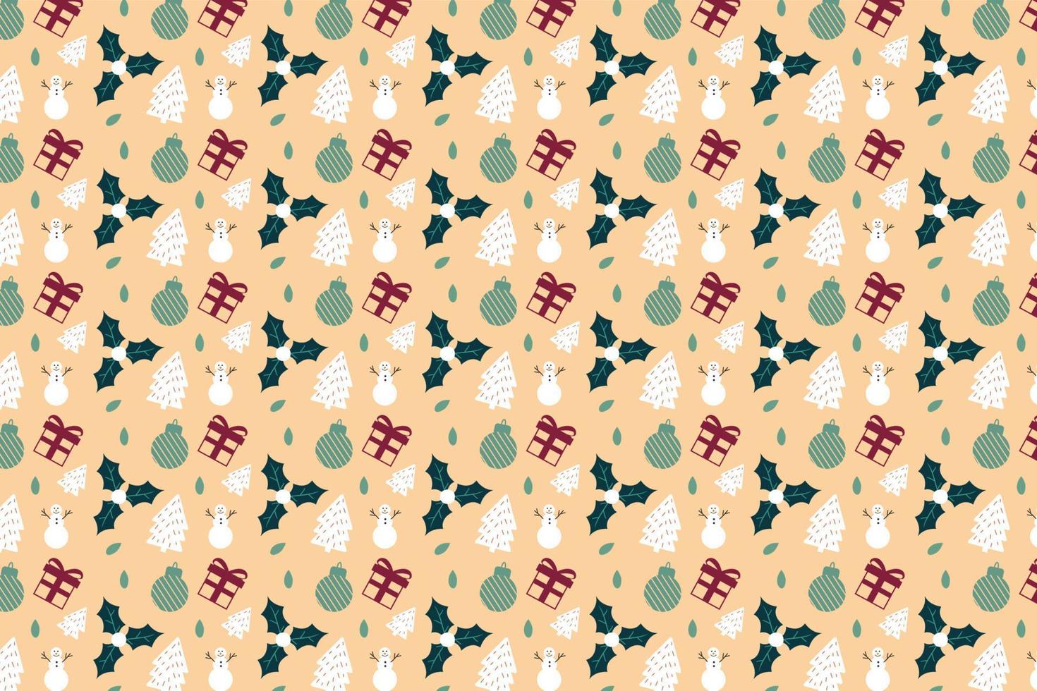 Abstract Xmas pattern decoration on a light yellow color background. Minimal Christmas pattern vector with snowman, pine tree, and gift icons. Christmas pattern design for backgrounds and book covers.