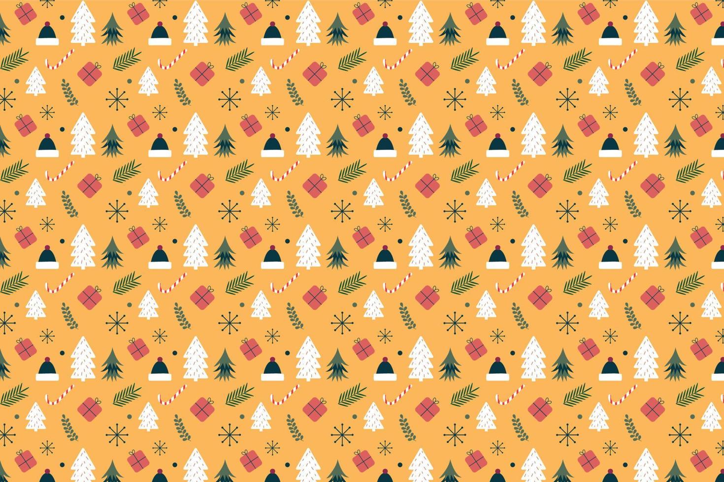 Beautiful Christmas pattern decoration with pine tree and gift icons on a yellow background. Seamless Xmas pattern elements for the event. Minimal Christmas pattern vector for wallpapers and gift card