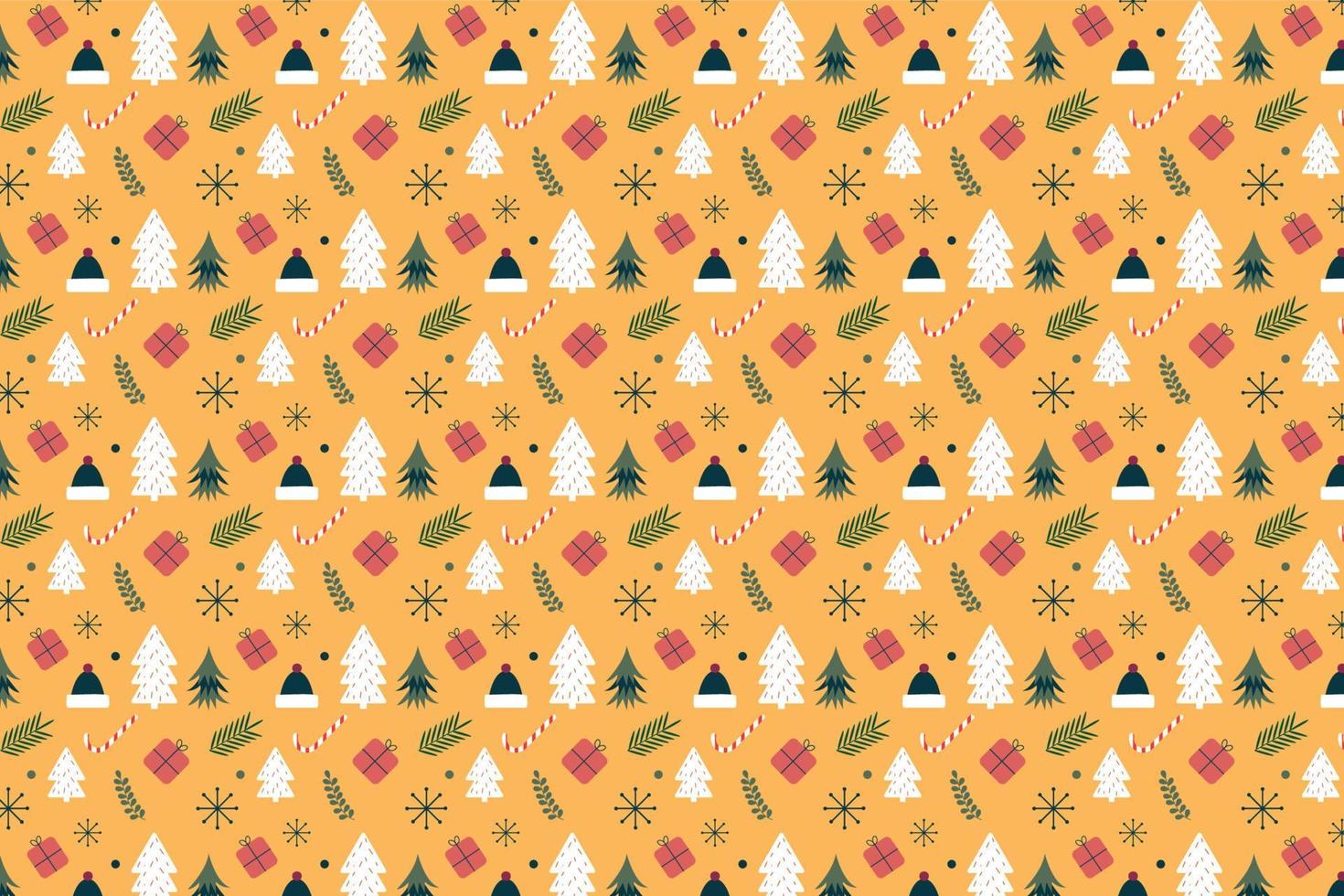 hermosa decoración navideña con pino e íconos de regalo en un fondo amarillo. elementos de patrón de Navidad sin fisuras para el evento. vector de patrón de navidad mínimo para fondos de pantalla y tarjeta de regalo