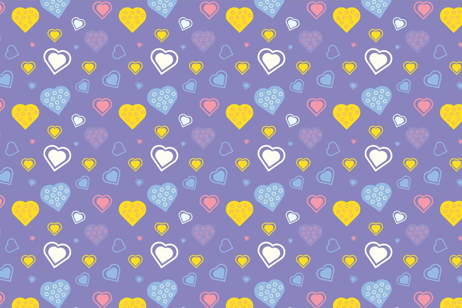 Abstract love pattern vector on a purple background. Valentines day love pattern decoration with different heart shapes. Seamless love pattern element for book covers, backgrounds, and gift cards.