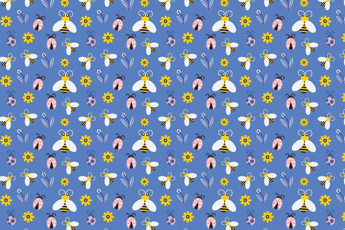 hermosa decoración floral sobre un fondo azul. diseño abstracto de patrones  de insectos con abejas y