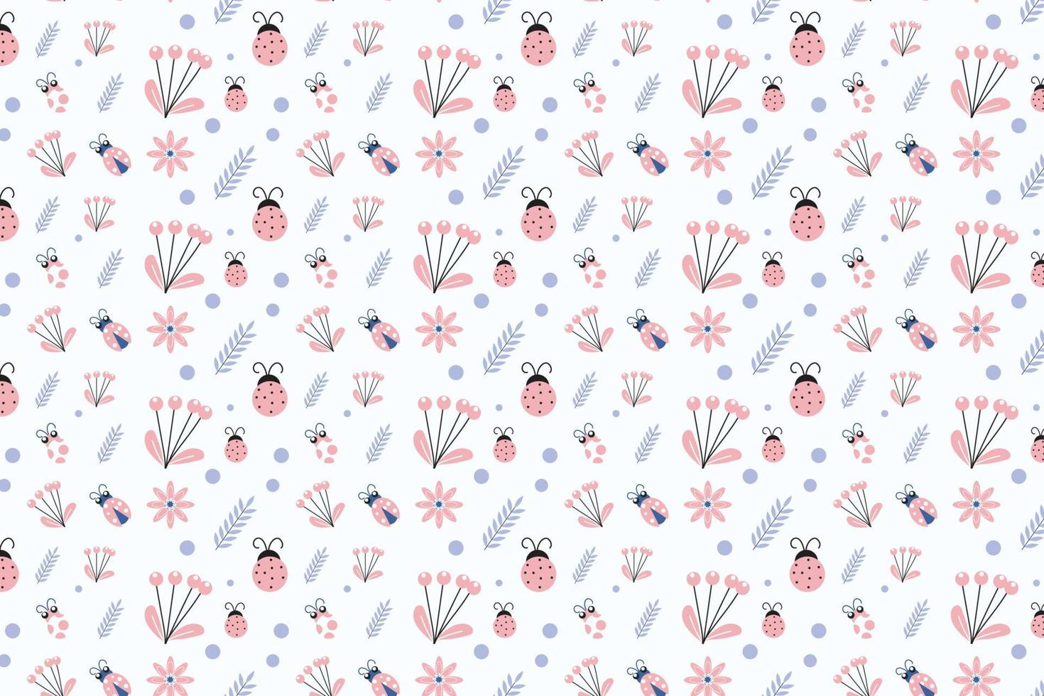 Beautiful tropical insects pattern design on a white background. Ladybug pattern decoration with leaves and flower icons. Endless insect pattern vector for book covers, backgrounds, and gift cards.