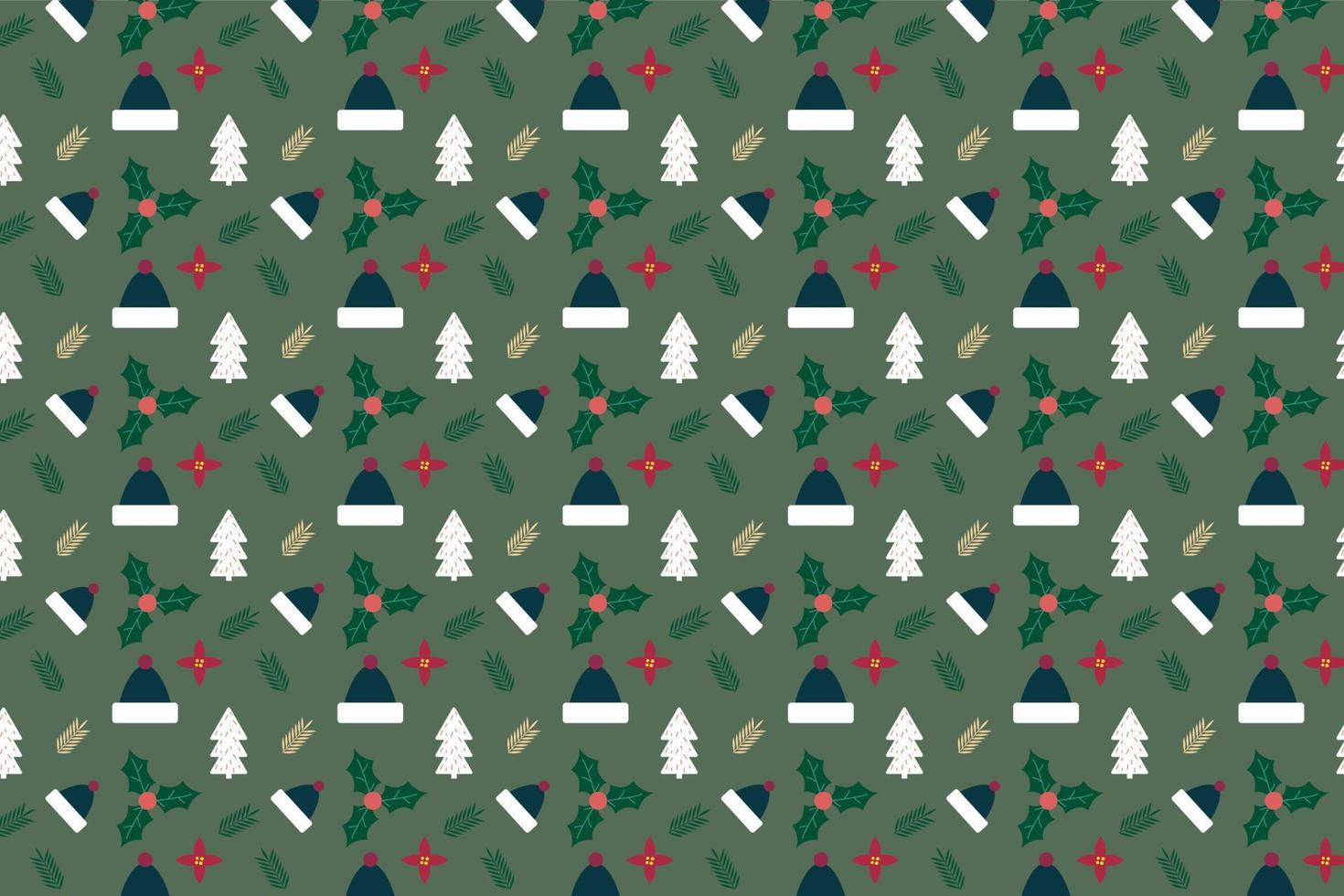 Christmas background pattern decoration with pine leaves and winter hats. Xmas seamless pattern vector on a green background. Christmas pattern element design for wrapping papers, and book covers.