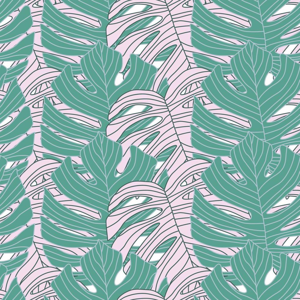 Contoured outline monstera silhouettes seamless pattern. Palm leaves endless background. Botanical wallpaper. vector