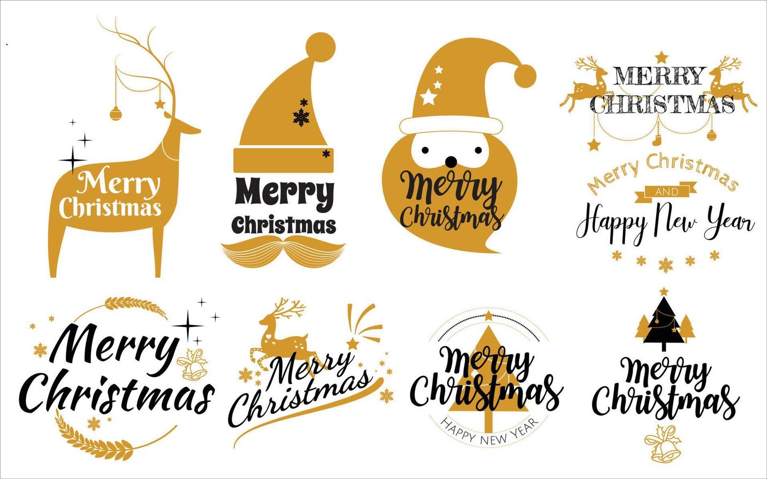 conjunto de sello de feliz navidad y feliz año nuevo, cotizaciones de conjunto de pegatinas con copos de nieve, muñeco de nieve, santa claus, dulces, dulces, galletas. vector. diseño de tipografía vintage para navidad, emblema de año nuevo vector