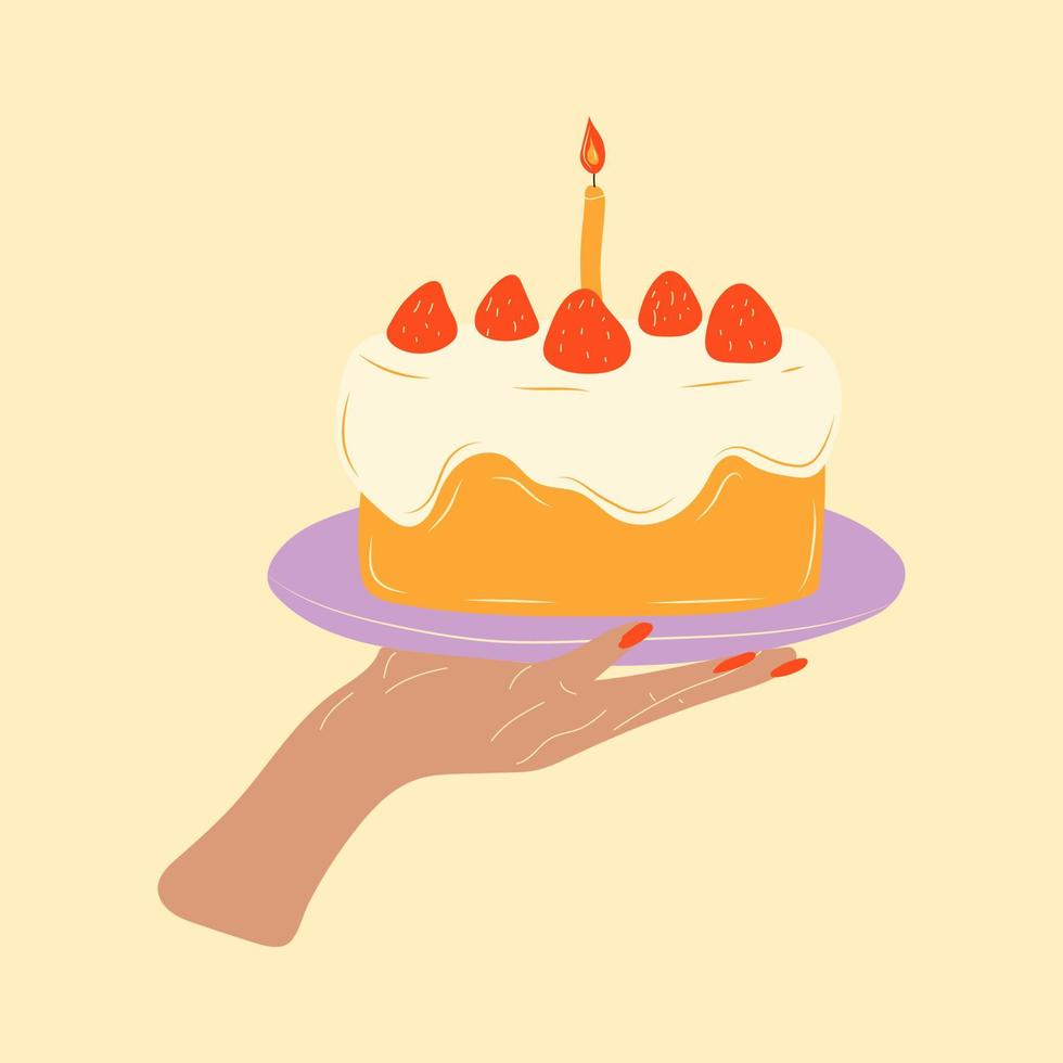Hand holding a cake on a tray. Vector in cartoon style. All elements are isolated