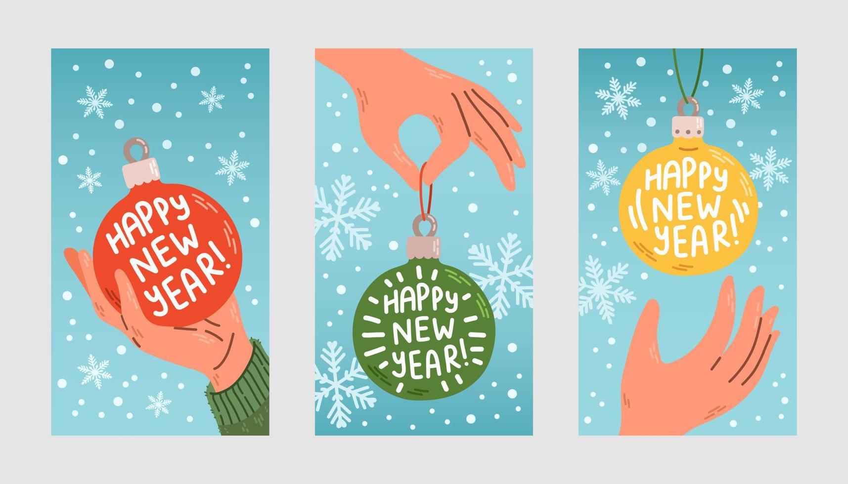 bolas de navidad en la mano conjunto de banner diseño plano vector ilustración